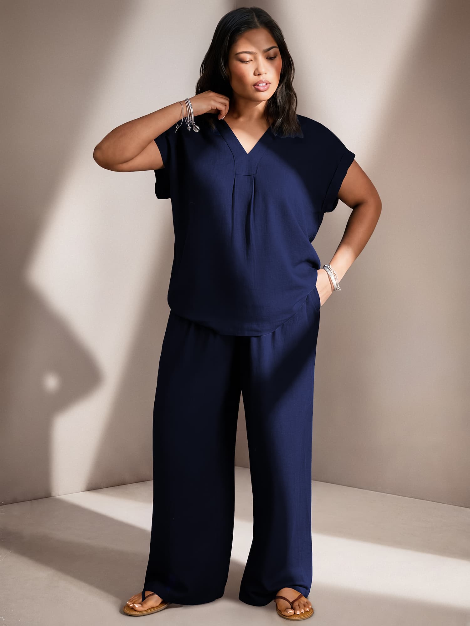 Navy Linen Blend Wide Leg Drawstring Trousers