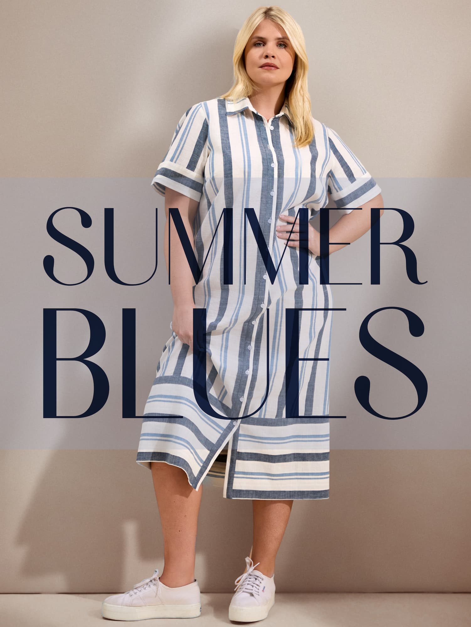 Blue Stripe Short Sleeve Linen Blend Shirt Dress
