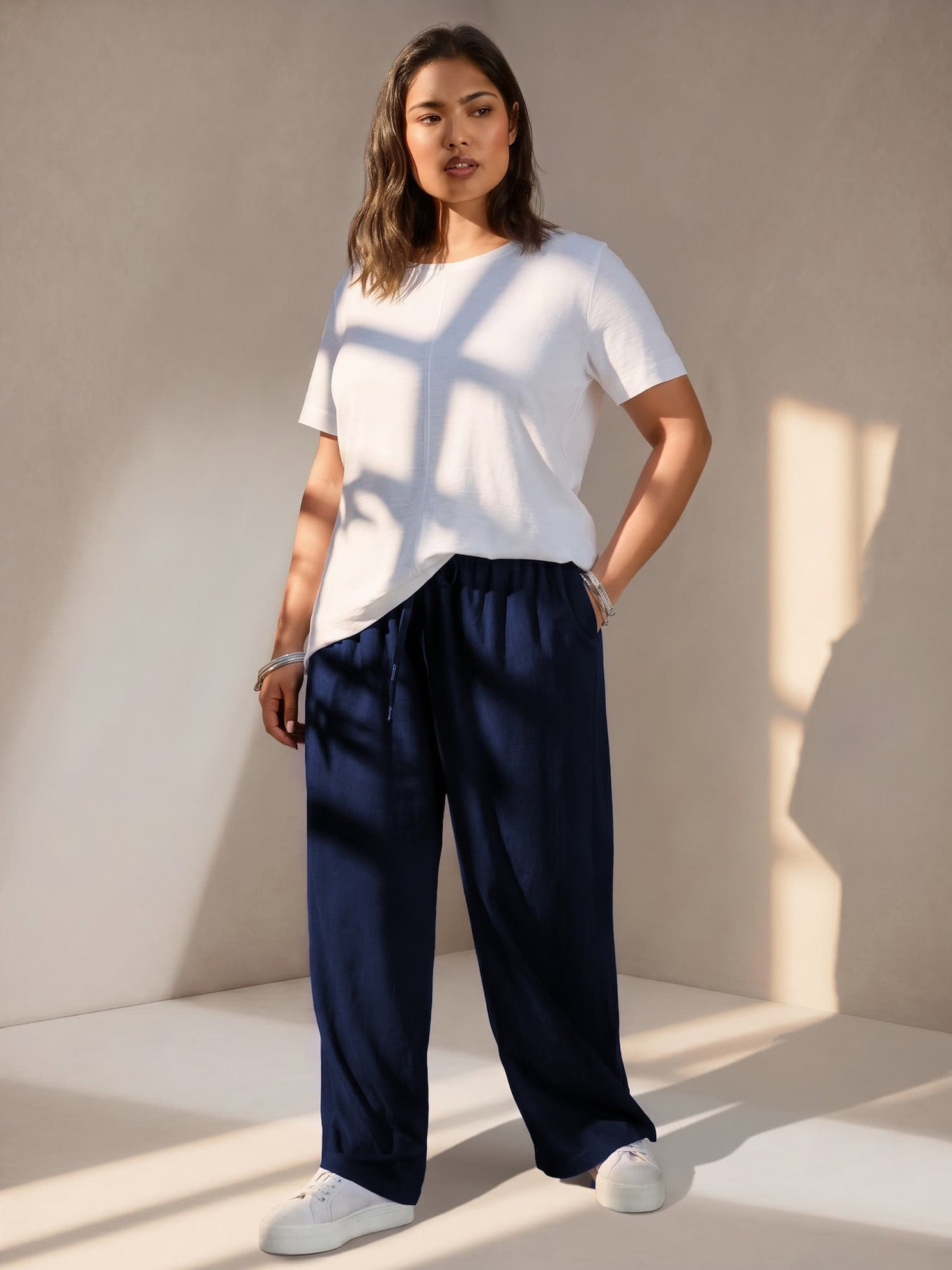 Navy Linen Blend Wide Leg Drawstring Trousers
