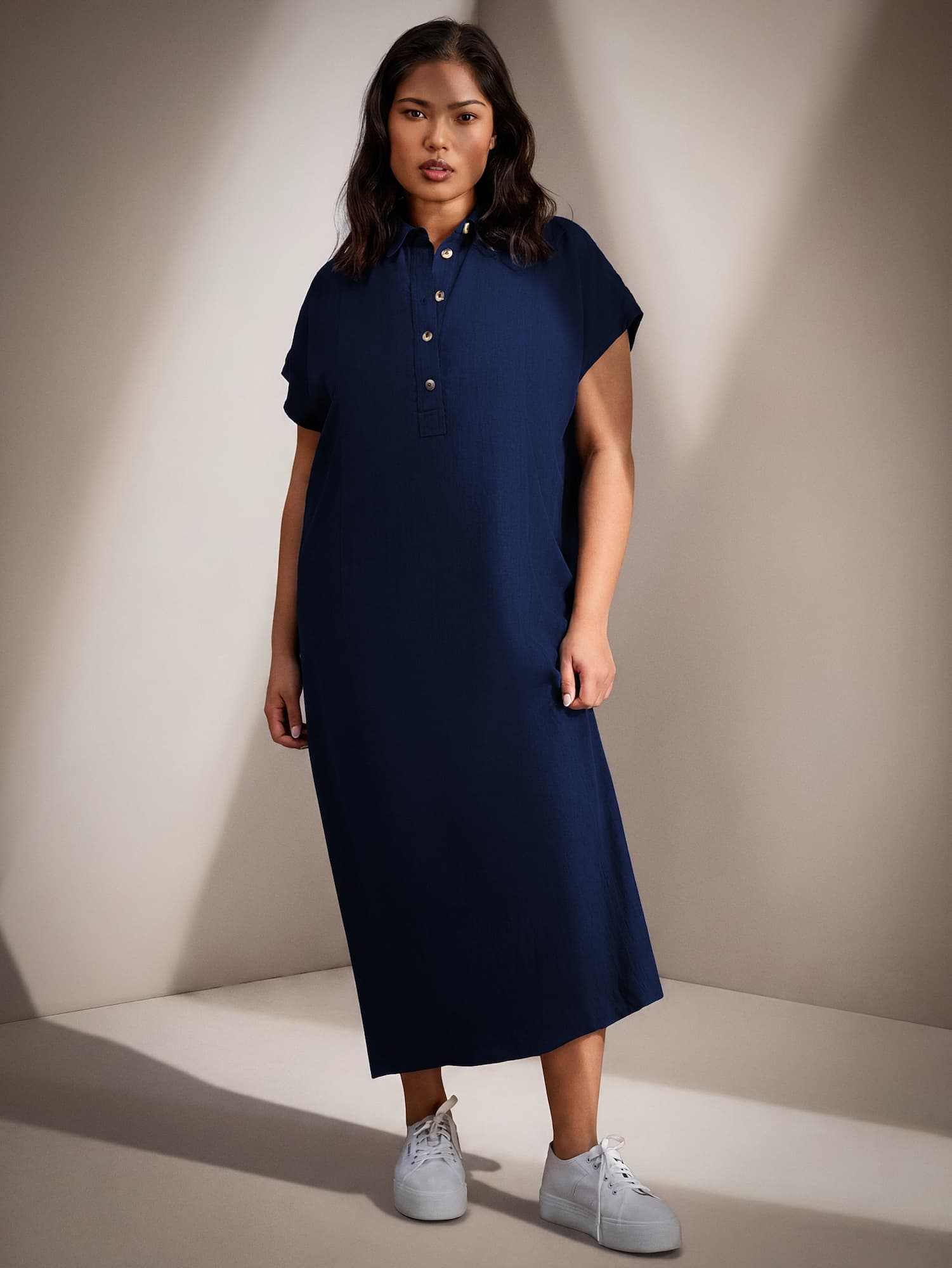 Navy Linen Blend Button Front Midaxi Shirt Dress