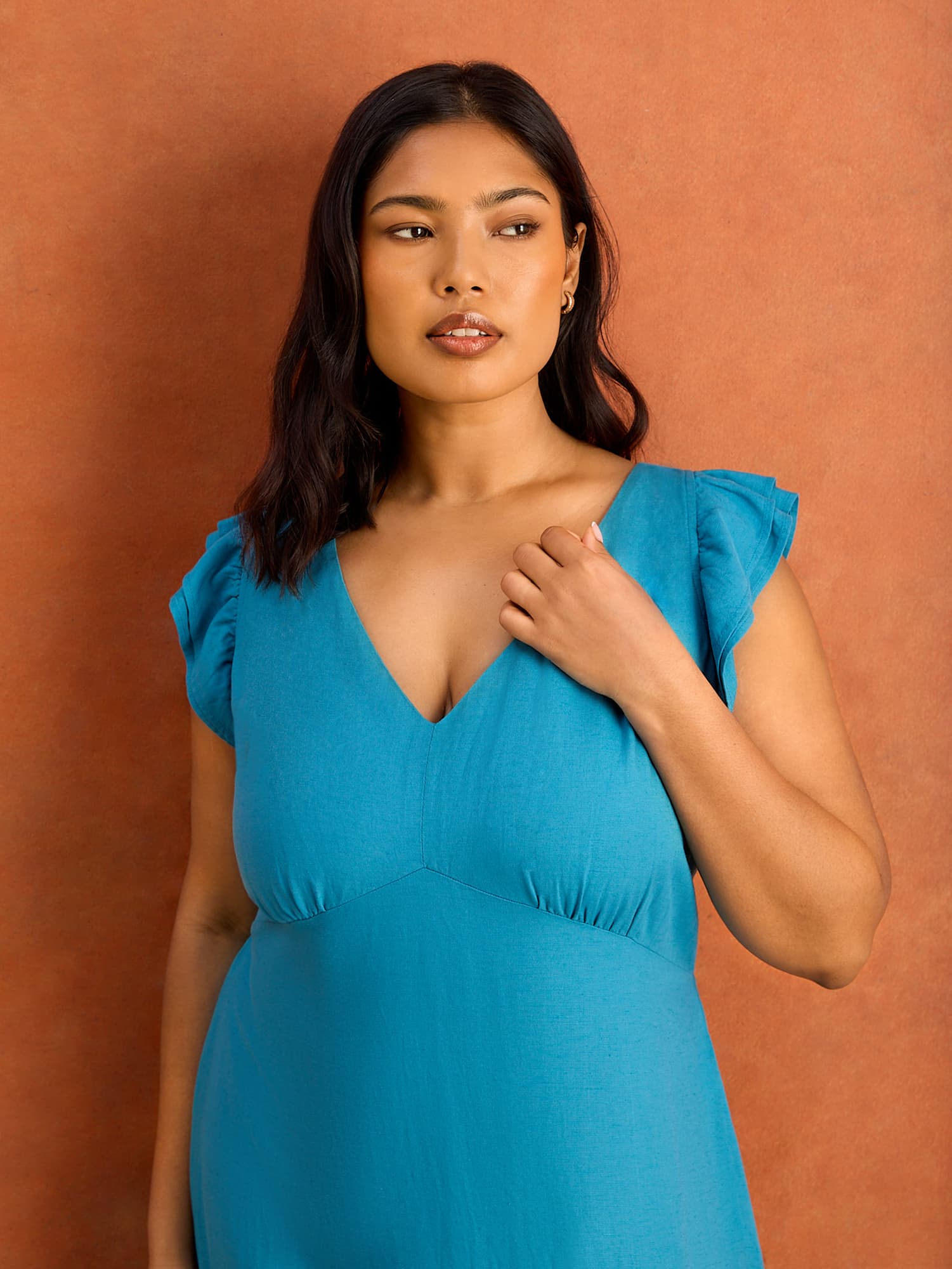 Blue Frill Sleeve Linen Blend Midi Dress