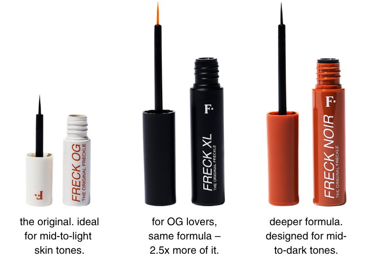 Freck OG: The original ideal for mid-to-light skin tones. Freck XL: for OG lovers, same formula -- 2.5x more of it. Freck NOIR: deeper formula. designed for mid-to-dark tones.