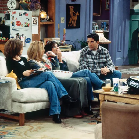 The cast of the hit TV show "Friends" from left to right: Jennifer Aniston as Rachel Green, Lisa Kudrow as Phoebe Buffay, Courteney Cox as Monica Geller, David Schwimmer as Ross Geller, Matt LeBlanc as Joey Tribbiani and Matthew Perry as Chandler Bing.