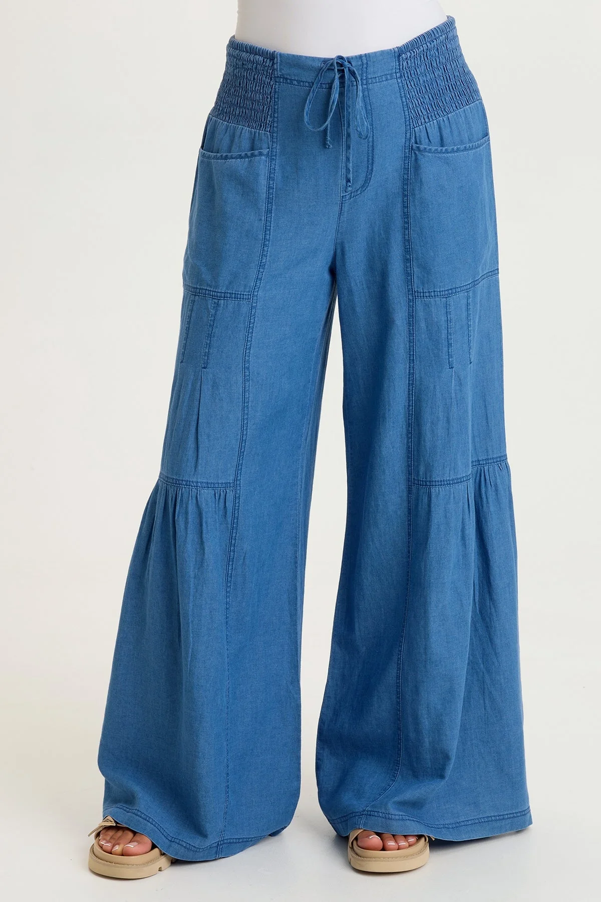 Image of Zain Indigo Twill Tiered Wide Leg