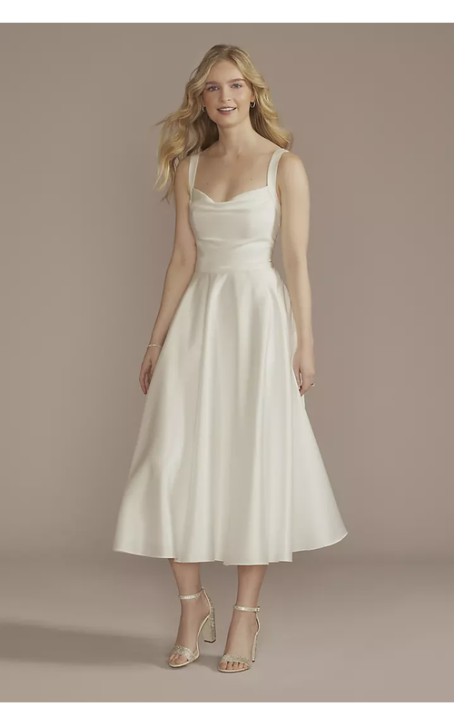 Cowl Neck Tea-Length Satin A-Line Dress