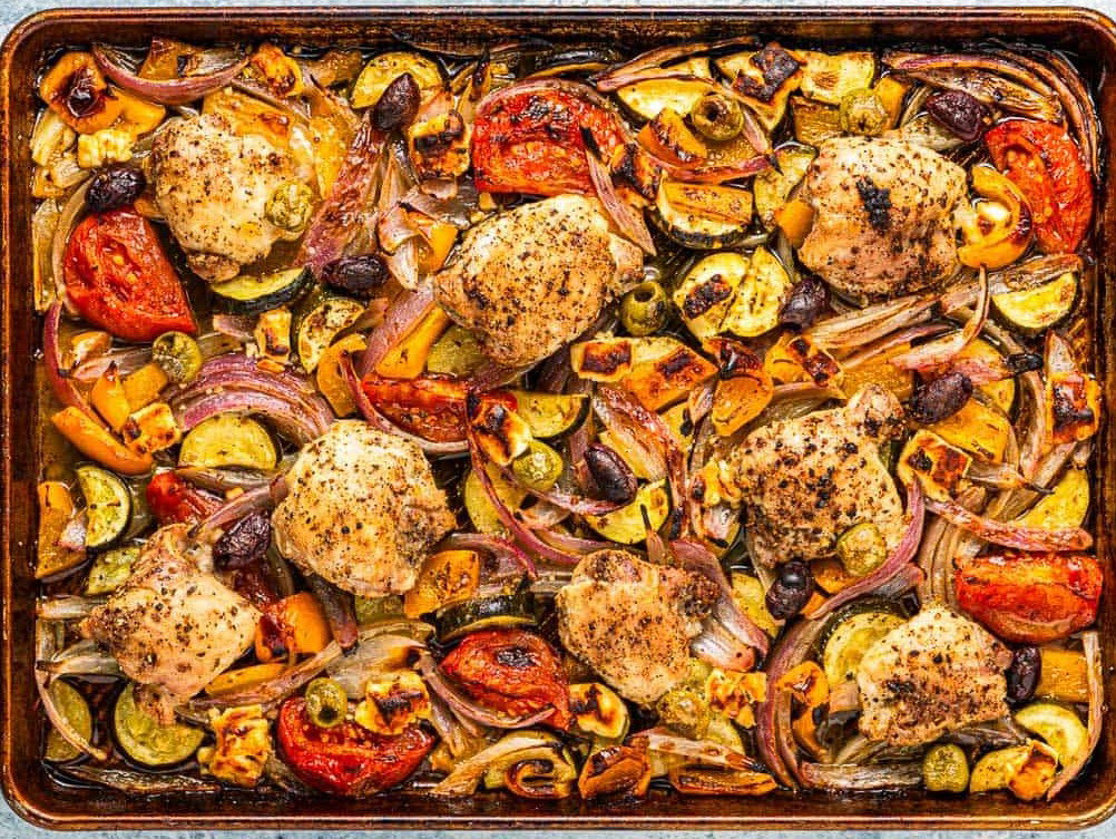 An overhead photo of the Greek sheet pan chicken.