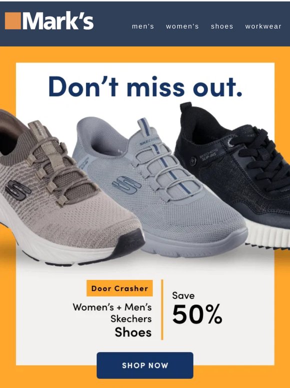 Save 50% on women's + men's Skechers shoes