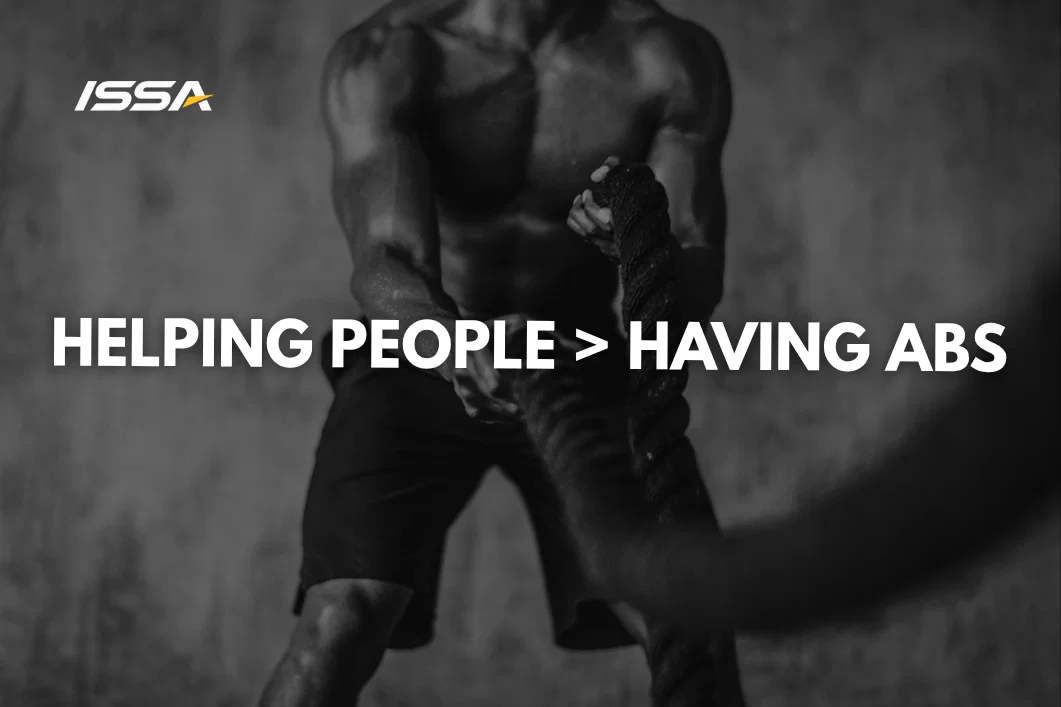 "Helping people > Having abs" hero graphic