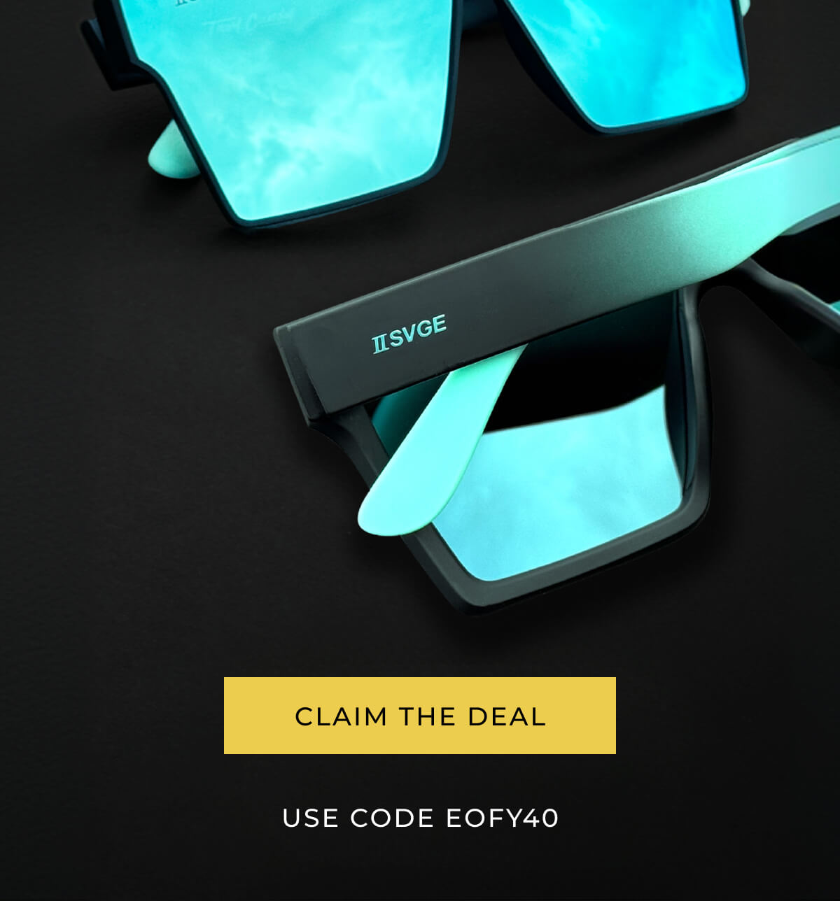Stylish sunglasses with cyan tinted lenses on dark surface with golden claim button and code EOFY40