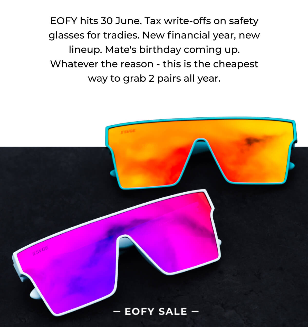 Two pairs of colorful sunglasses - orange-tinted and purple-tinted - with Eofy event details above