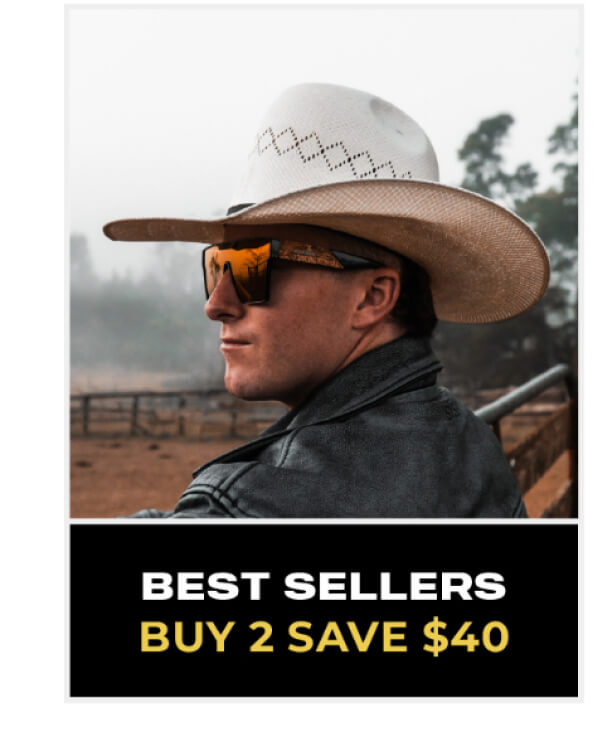 Man wearing cowboy hat and orange-tinted sunglasses in outdoor setting, labeled top sellers
