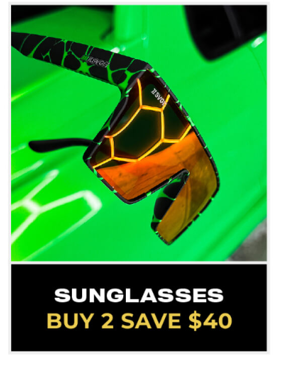 Sport sunglasses with vibrant green and orange reflective lenses against bright green background