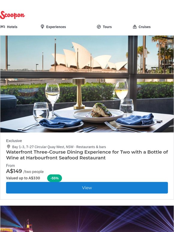 Our Top Experiences Near You: Waterfront 3-Course Dining at Harbourfront Seafood Restaurant, 2-Hour Vivid Sydney Harbour Cruise, Afternoon Tea at Hilton Sydney & More