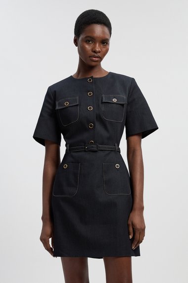 Petite Tailored Denim Belted Mini Dress