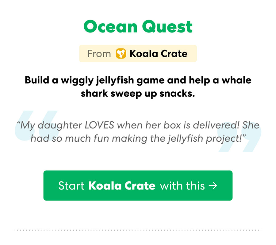 Start your Koala Crate subscription with Ocean Quest: build a wiggly jellyfish and help a whale shark sweep up snacks.