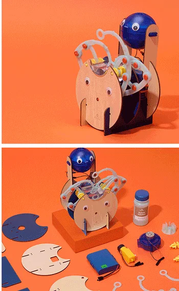 Automatic Bubble Blower from Tinker Crate. Engineer a bubble-making machine. Learn the science of forming bubbles, then construct a machine with three arms that dip, lift, and blows bubbles. Wire you blower with the included batter pack and add some cute wiggle eyes.