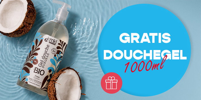 Pump bottle of organic coconut shower gel (1000ml) beside halved coconuts on blue background with a 'Gratis douchegel' badge