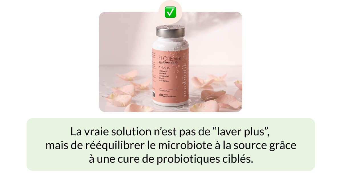La vraie solution n’est pas de “laver plus”,  mais de rééquilibrer le microbiote à la source grâce à une cure de probiotiques ciblés.