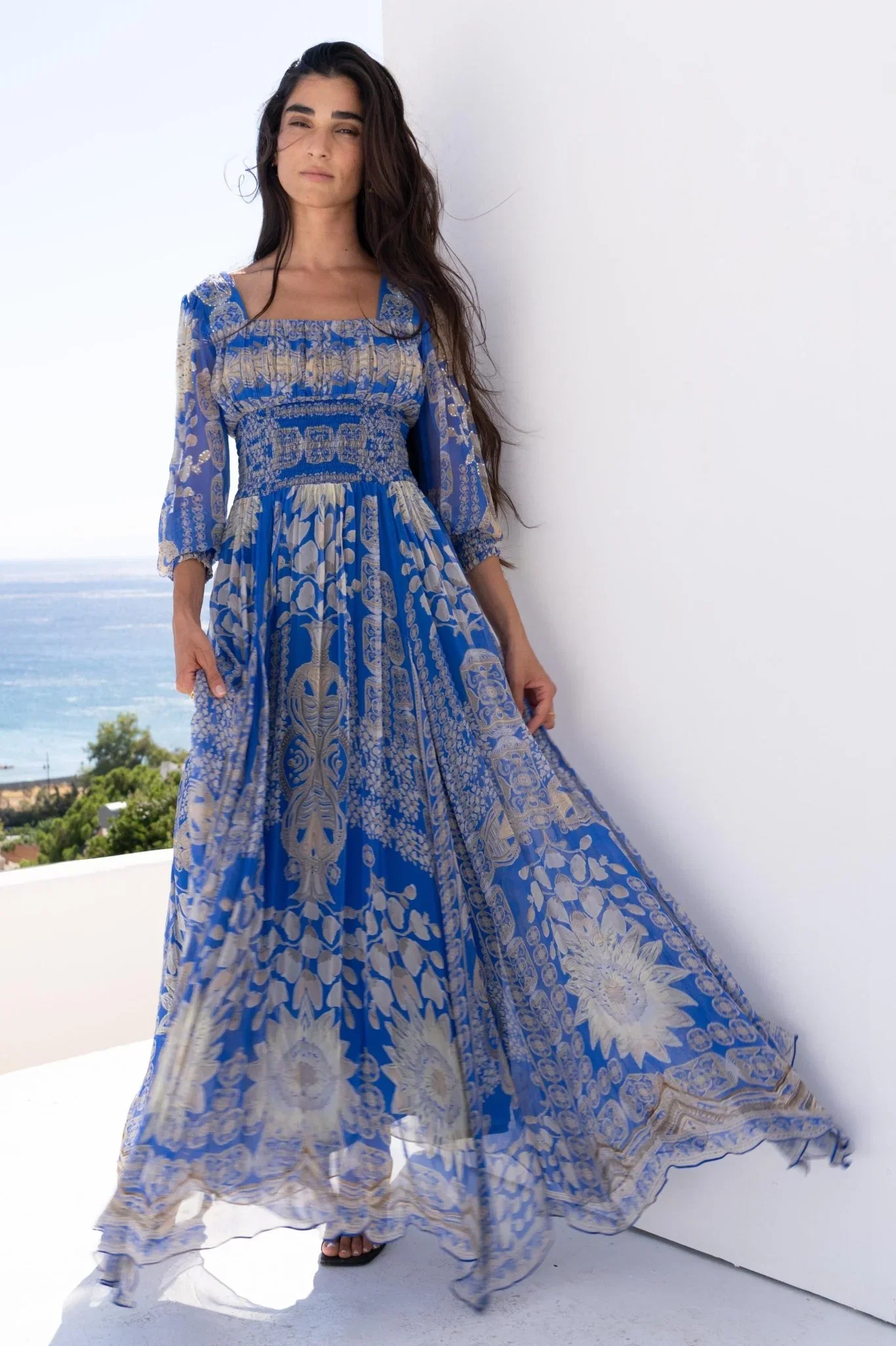 Image of MEDITERRANEAN BLUES SHIRRED MAXI DRESS