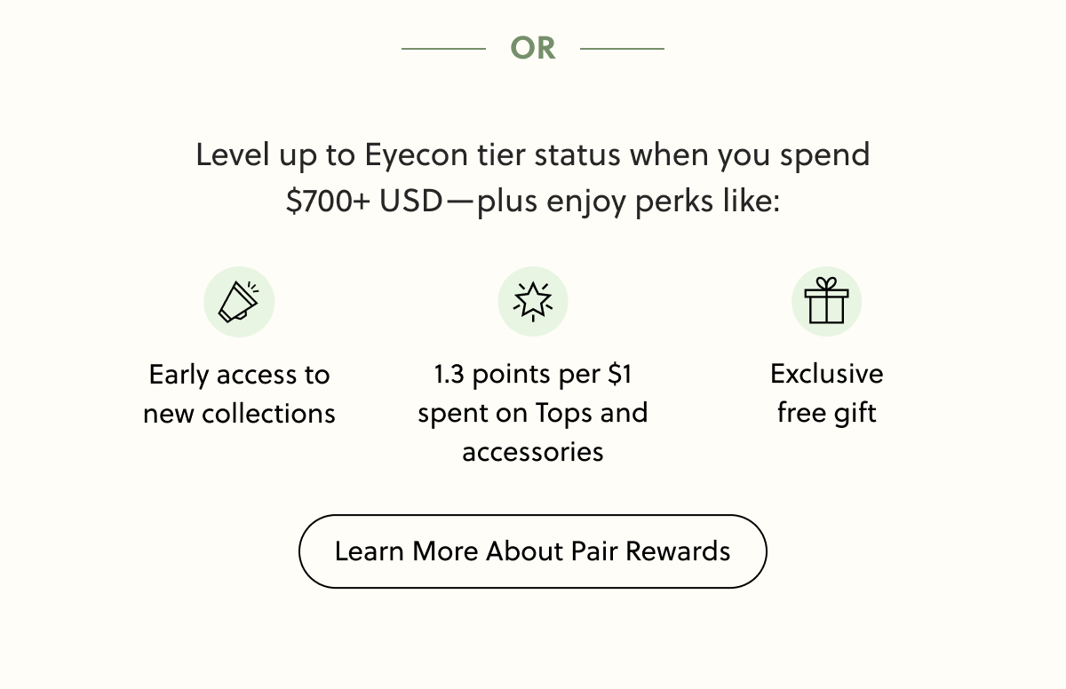 Level Up to Eyecon tier status when you spend $700+ USD - plus enjoy perks like: Early access to new collections, 1.3 points per $1 spent on Tops and accessories, Exclusive free gift | Learn More About Pair Rewards