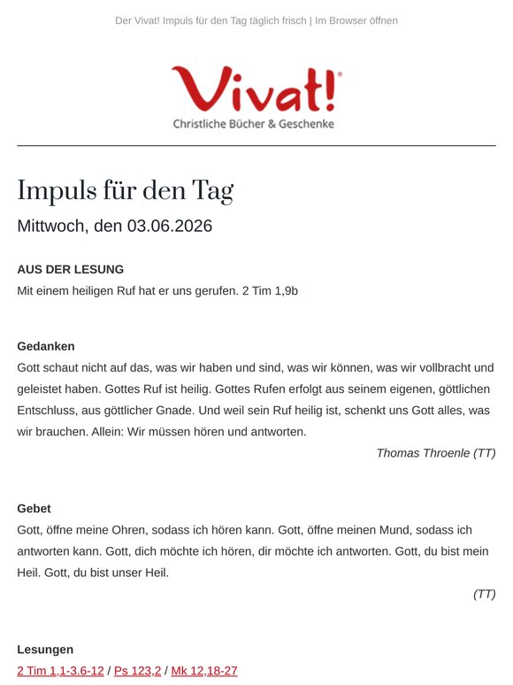 Impuls für Mittwoch, den 03.06.2026 - von Vivat!