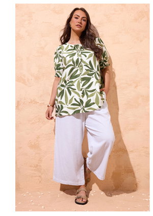 EVANS Curve Green Leaf Print Tie Neck Blouse