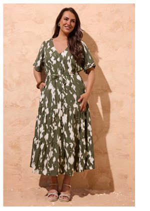 EVANS Curve Khaki Green Abstract Placket Dress