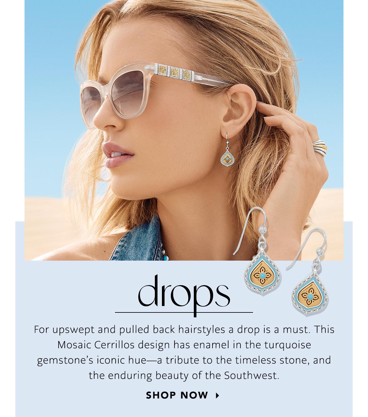 Drops - For upswept and pulled back hairstyles a drop is a must. This Mosaic Cerrillos design has enamel in the turquoise gemstone's iconic hue - a tribute to the timeless stone, and the enduring beauty of the Southwest. - Shop Now