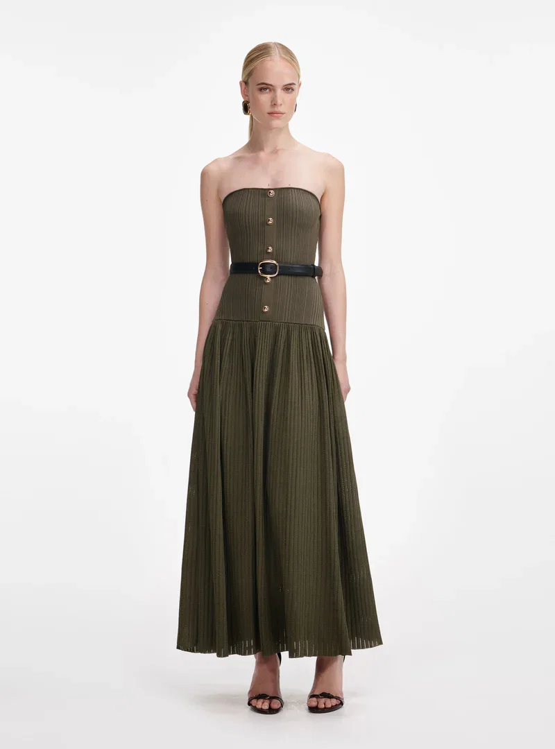 KHAKI BANDEAU KNIT MIDI DRESS