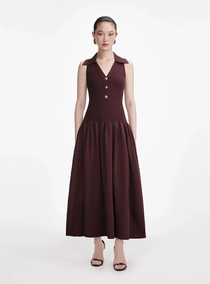BROWN RIBBED COLLARED KNIT MIDI DRESS