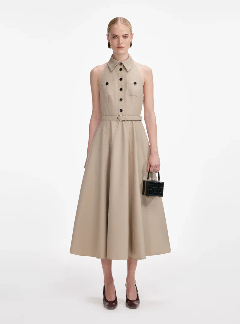 BEIGE TWILL MIDI DRESS