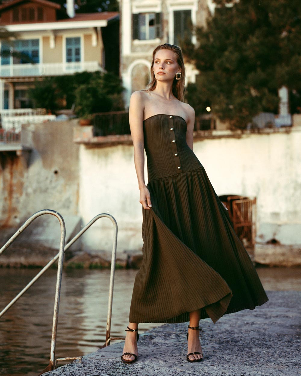 Khaki Bandeau Knit Midi Dress