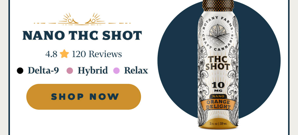 Nano THC Shot 4.8 ⭐️⭐️⭐️⭐️⭐️ 120 Reviews Delta-9 | Hybrid | Relax Functional buzz in under 15 minutes.