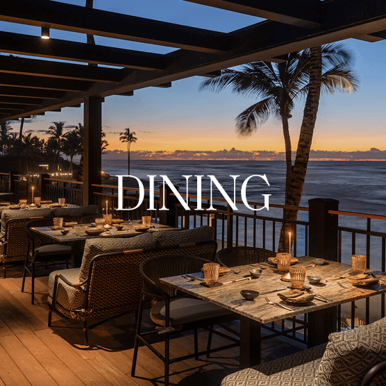 Outdoor restaurant tables overlooking the ocean at sunset. Text overlay: Dining.