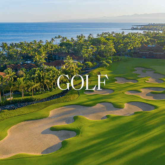 Aerial view of a golf course with sand traps, trees, and ocean nearby. Text overlay: Golf.