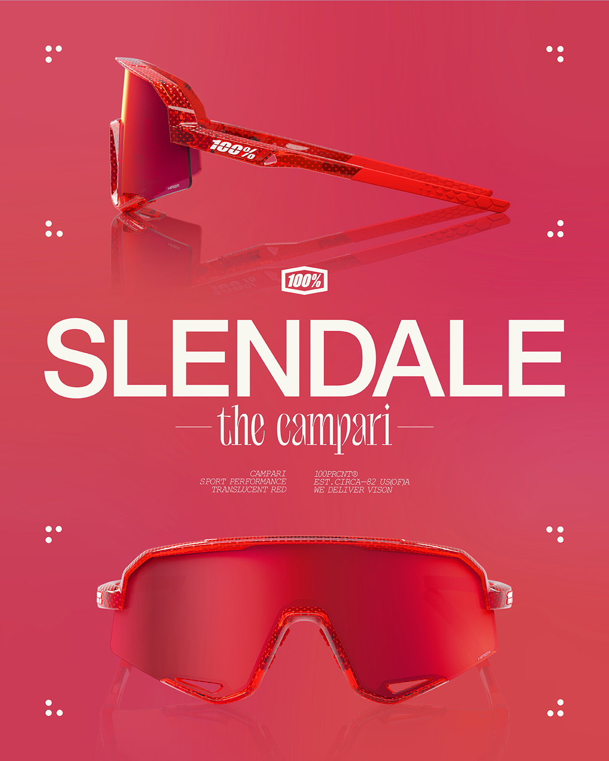 Promotional banner for 100Percent® Slendale Campari sunglasses featuring front and side views on a red gradient background.