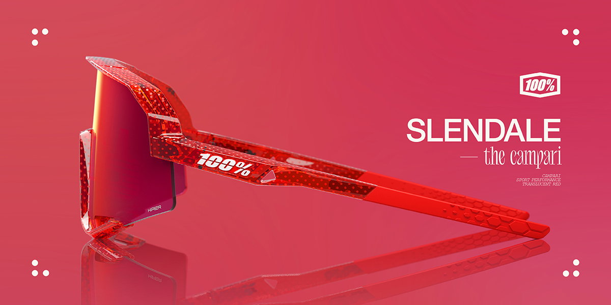 Side profile graphic of translucent red 100Percent® Slendale Campari sunglasses against a red gradient background.