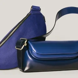 Due borse blu: una borsa a tracolla triangolare con cerniera, una borsa rettangolare con pattina frontale e tracolla larga su uno sfondo chiaro.