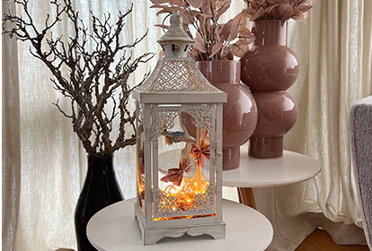 Auf einem kleinen weißen Tisch steht eine weiße Laterne. Im Laterneninneren befinden sich Schmetterlinge aus Geldscheinen und eine Lichterkette. Im Hintergrund sind zwei lilane Vasen mit Blumen sowie eine braune Vase mit Zweigen zu sehen. Rechts steht der Text ‚LATERNE MIT SCHMETTERLINGEN‘ mit einem Button ‚Geschenkidee entdecken‘.