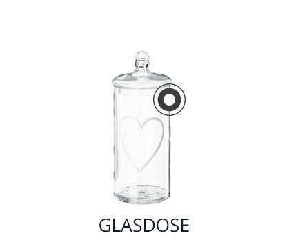 Freigestellte Grafik einer Glasdose mit Herz-Aufdruck und Deckel, mit der Beschriftung ‚GLASDOSE‘.