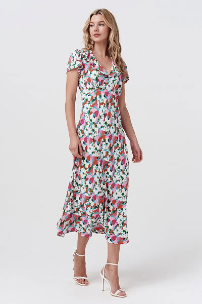 Kimmy Tulip Floral Frill Neck Crepe Midi Dress