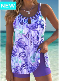 Tummy Coverage Mid Waisted Marine Life Print Tankini Set