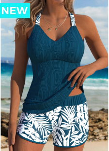 Criss Cross Back Mid Waisted Leaf Print Tankini Set