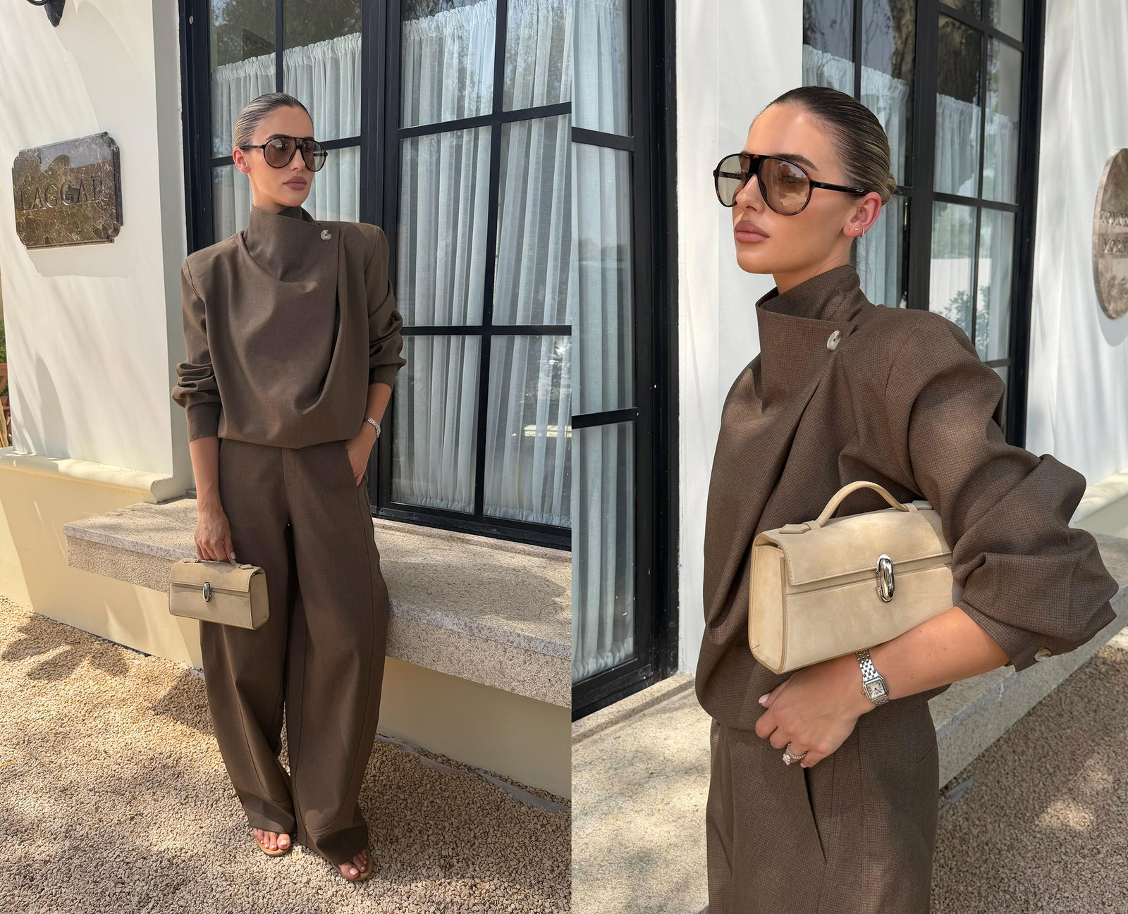 MICRO CHECK FUNNEL NECK TOP