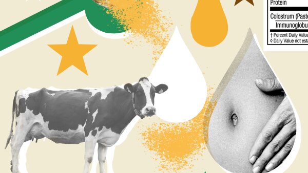 A collage showing a woman's belly button inside of a teardrop outline. The stomach is next to an image of a cow.