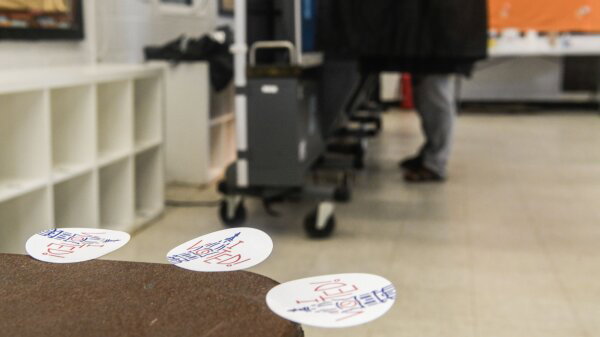 "I Voted" stickers are seen as a person casts their ballot in Philadelphia in Pennsylvania's primary on May 19.