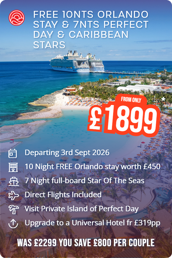 Free 10nts Orlando Stay & 7nts Perfect Day & Caribbean Stars – Smart Holiday promotional image. From £1,899 Includes: Departing 3rd Sept 2026, 10 Night FREE Orlando stay worth £450, 7 Night full-board Star Of The Seas, Direct Flights Included, Visit Private Island of Perfect Day, Upgrade to a Universal Hotel fr £319pp. WAS £2299 YOU SAVE £800 PER COUPLE