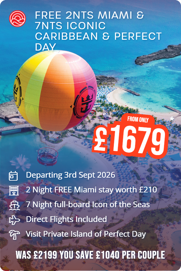 Free 2nts Miami & 7nts Iconic Caribbean & Perfect Day – Smart Holiday promotional image. From £1,679 Includes: Departing 3rd Sept 2026, 2 Night FREE Miami stay worth £210, 7 Night full-board Icon of the Seas, Direct Flights Included, Visit Private Island of Perfect Day. WAS £2199 YOU SAVE £1040 PER COUPLE
