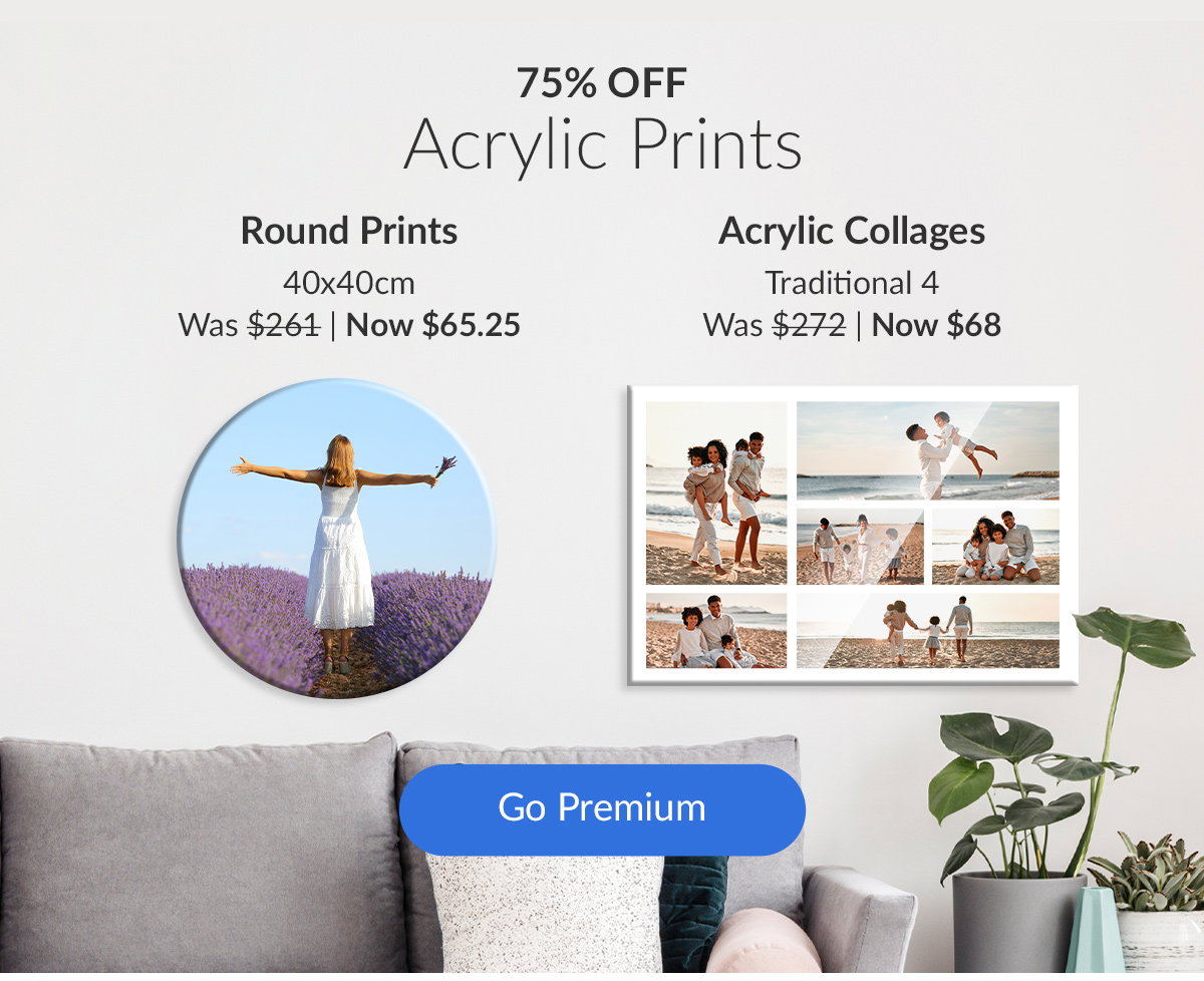 75% OFF Acrylic Prints  Round Prints 40x40cm Was $261 | Now $65.25  Acrylic Collages Traditional 4 Was $272 | Now $68.00