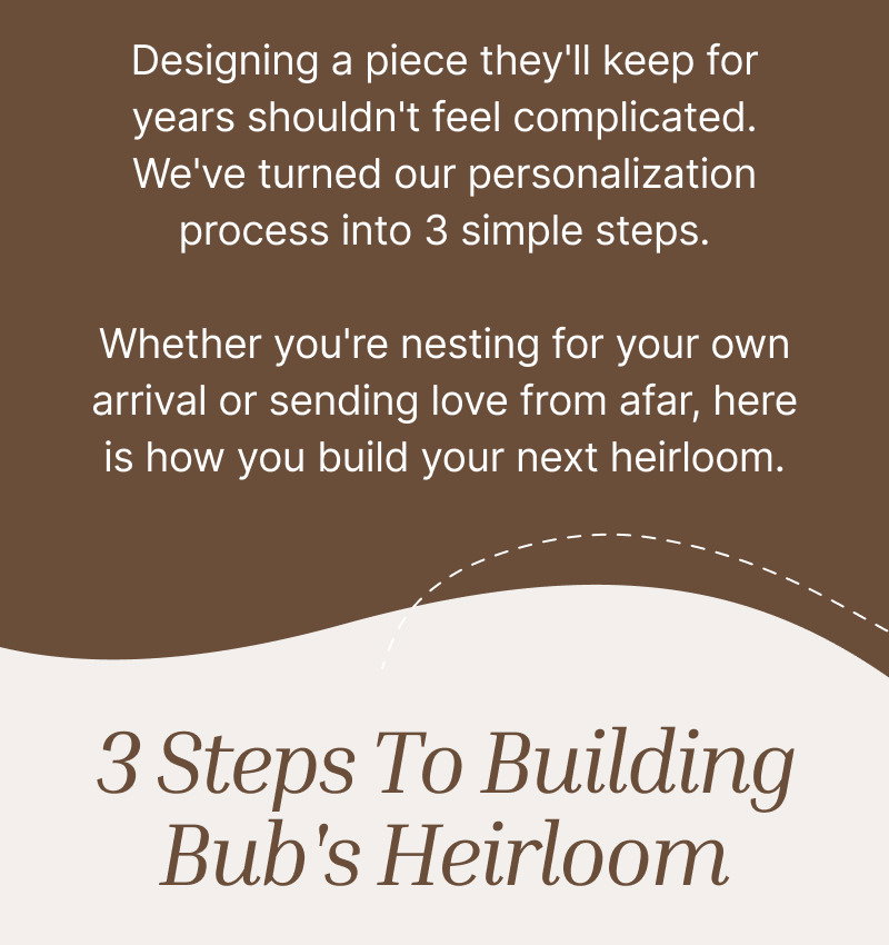 Brown text section explaining personalized keepsakes and the process of creating a custom heirloom, followed by the title 3 Steps To Building Bub’s Heirloom.
